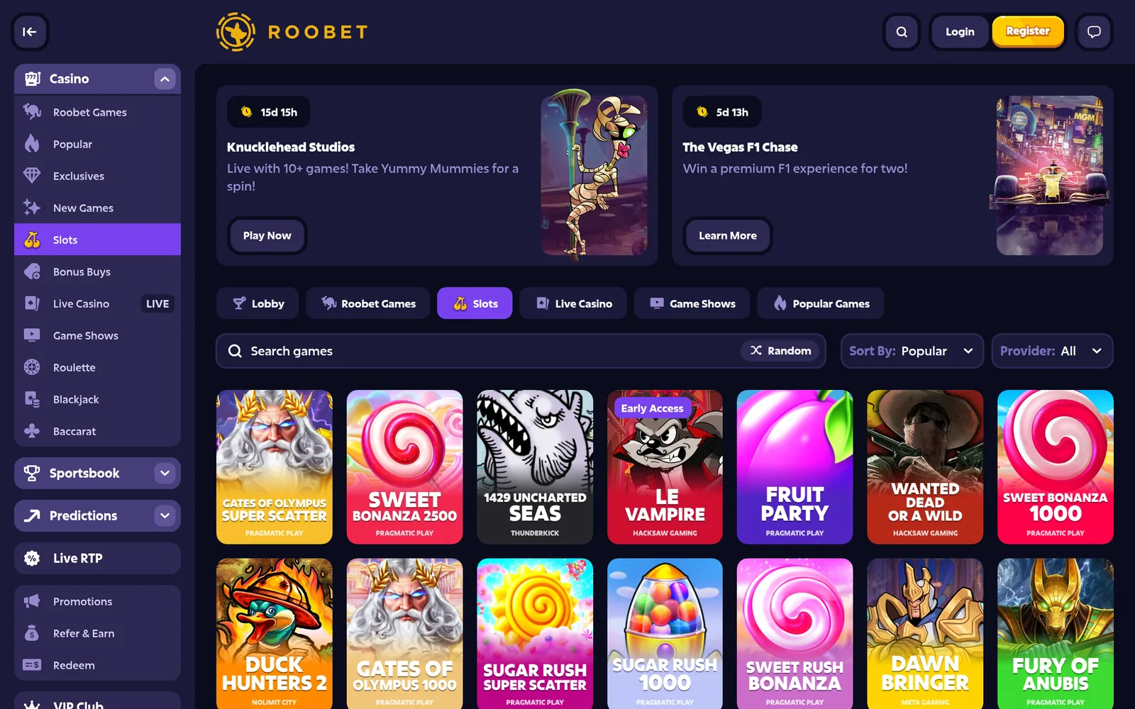 Roobet slots lobby